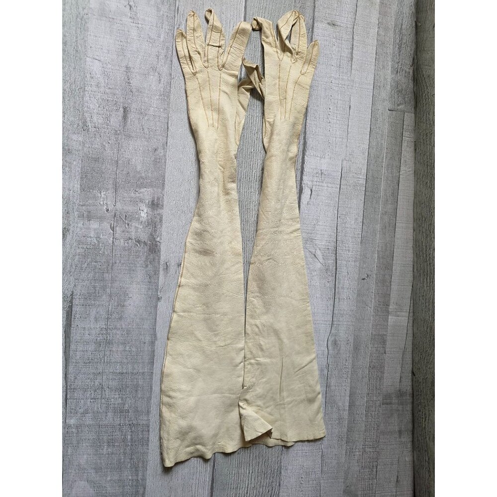 Vintage Long Beige Leather Opera Gloves With Button Closure XXS